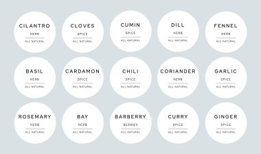 Mutfak kiler etiketleri bitkiler, baharatlar, tahıllar ve tahıllar için önceden tasarlanmış şablonlar. Kavanozlar için basılabilir etiketleri düzenleyen yemek malzemeleri 