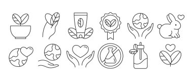 Eko kozmetik ikonu. Organik doğal ürünler, alkol, paraben ve ambalaj için glüten serbest çizgi simgeleri. Pullar ve rozetler vektör seti. Zehirli değil, hayvan denemesi yok, tüm deri tipleri için.