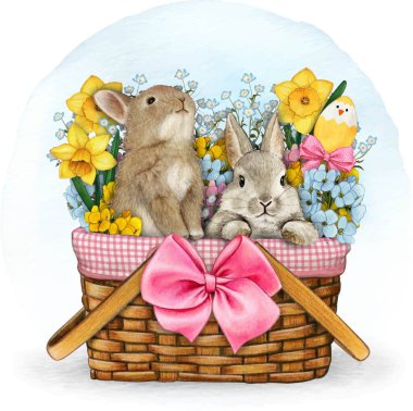 Watercolor hand drawn bunnies in a basket full of flowers clipart