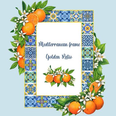 Mandalinalı suluboya çerçeve elle çizilmiş vektör çizimi.