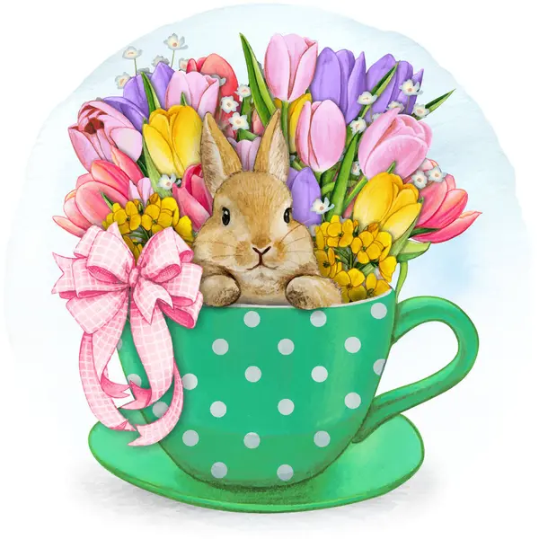 Suluboya el çay fincanında sevimli bir tavşan çizdi.