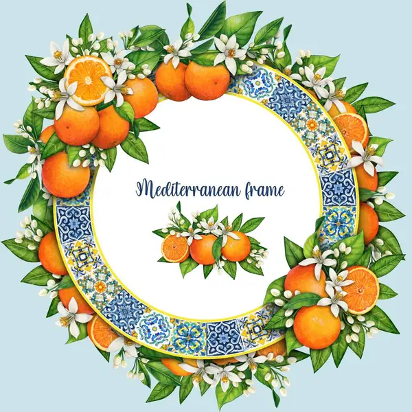 Fayanslar ve portakallarla Akdeniz çerçevesi çizilmiş suluboya el