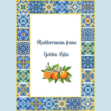 Watercolor mediterranean traditional tiles freame clipart