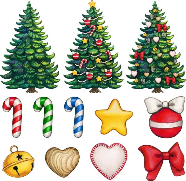 suluboya el Noel ağacı ve süslemeler çizdi