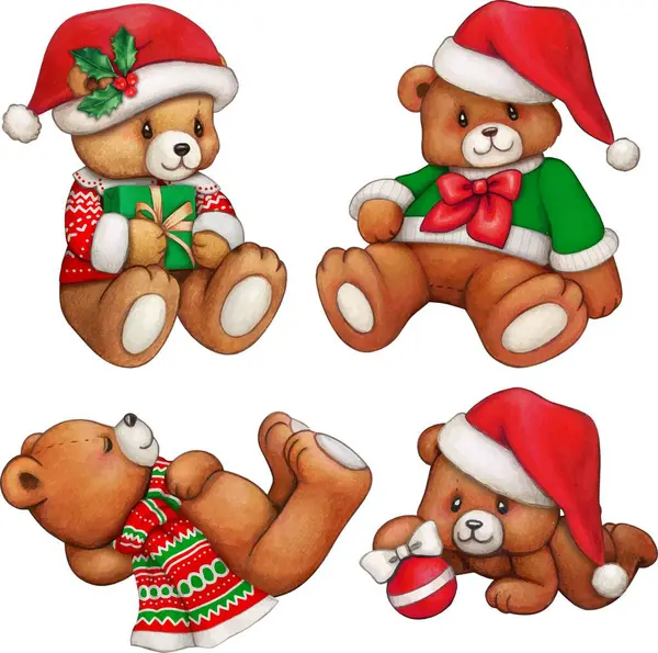 Tatlı suluboya oyuncak ayılar elleriyle çizilmiş.