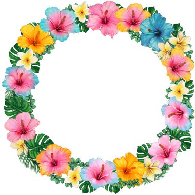Suluboya renkli amber çiçeği ve frangipani tropikal çelengi