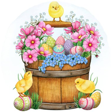 Watercolor floral bucket with chickens and eggs clipart