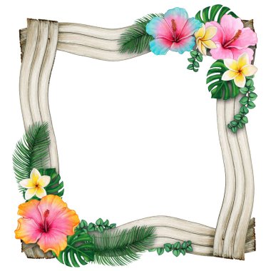 Tropik çiçeklerle suluboya ahşap dalgalı çerçeve