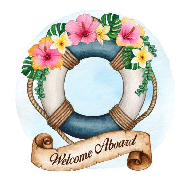 Suluboya yaşam şamandırası tropikal çiçekler ve parşömen sancaklarıyla süslenmiş.