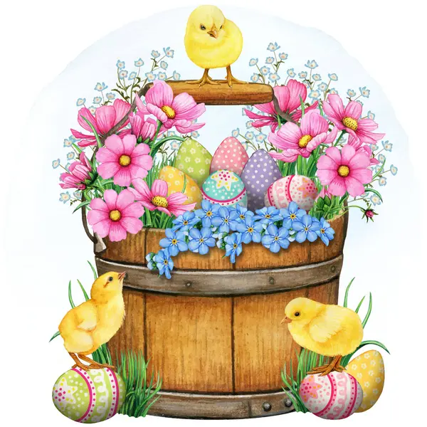 Tavuk ve yumurtalı suluboya çiçek kovası.