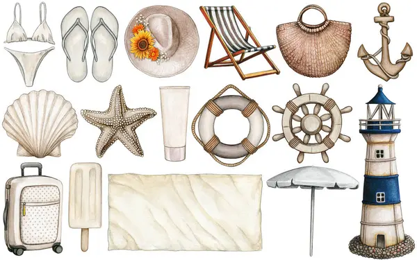 suluboya el deniz kenarı temalı simgeler çizdi