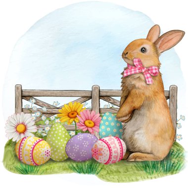 Kırsal bölgede suluboya paskalya tavşanı ve süslü yumurtalar.