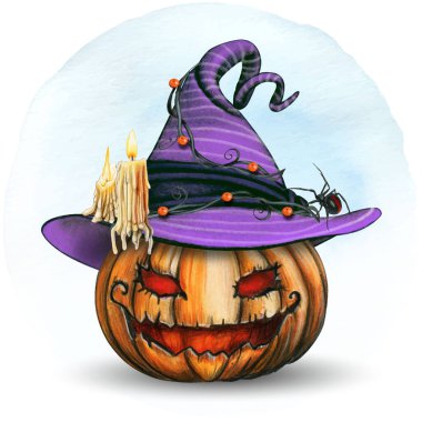 Suluboya el cadı şapkalı balkabağı feneri çizdi