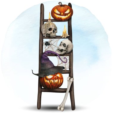 Cadılar bayramı süslemeli merdiven oyulmuş fenerlerle