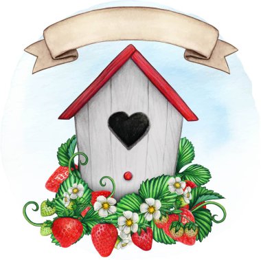 Çilekli suluboya kuş evi