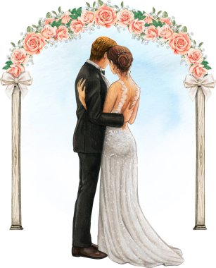 Suluboya düğün çifti düğün gül kemerinin altında kucaklaşıyorlar