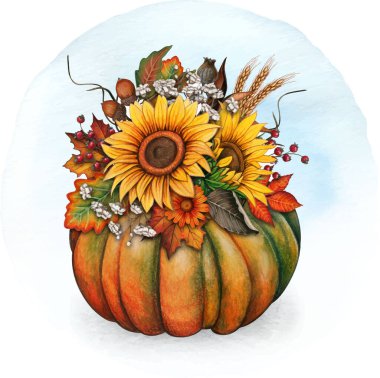 Kabak, ayçiçeği ve kuru bitkilerle suluboya kompozisyonu