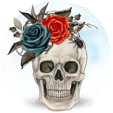 Suluboya cadılar bayramı süslemeli kafatası güller ve kuru yapraklarla