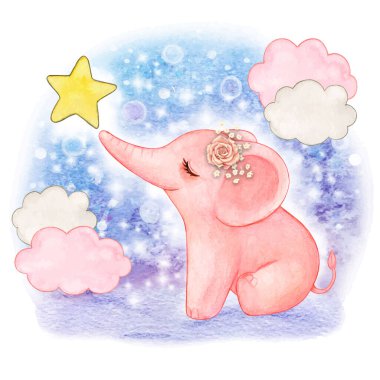 suluboya bulutlu ve yıldızlı şirin bebek fil
