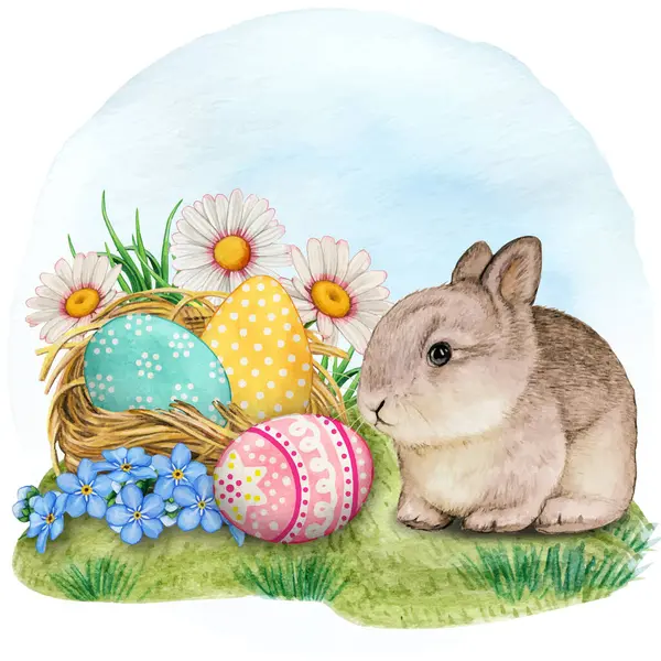 Renkli yumurtalarla dolu yuvası olan suluboya şirin yavru tavşan.