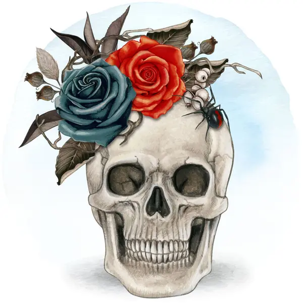 Suluboya cadılar bayramı süslemeli kafatası güller ve kuru yapraklarla