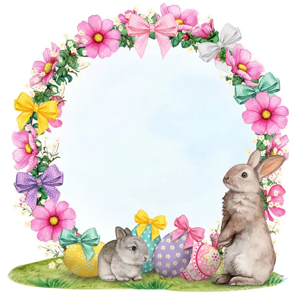 Tavşanlı ve yumurtalı suluboya paskalya çelengi.