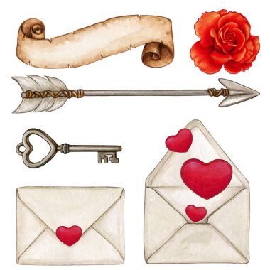 Suluboya el sevgililer günü elementlerini çizdi