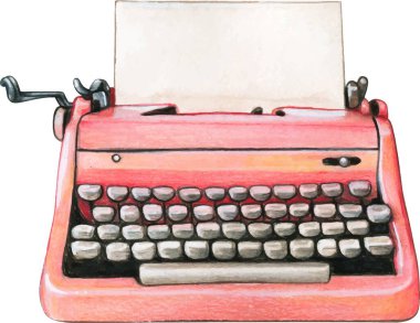 Vintage watercolor pink typewriter blank sheet clipart