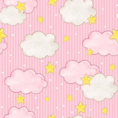 Yıldızlı ve çizgili suluboya bebek bulut deseni