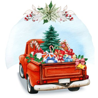 Suluboya Noel Hediyeler ve hediyelerle dolu kırmızı bir kamyon