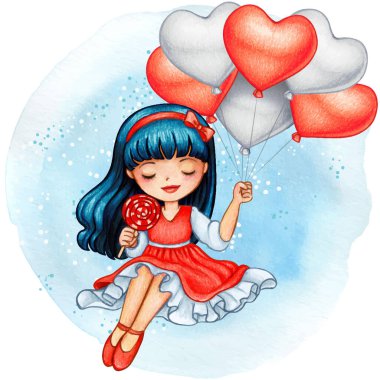 Güzel suluboya kız elinde romantik kırmızı kalp balonları tutuyor.