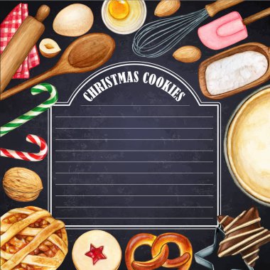 Watercolor illustrated blackboard with christmas cookies and kitchen tools clipart