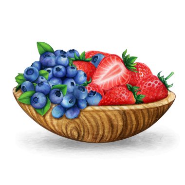 Taze yaban mersini ve çilek dolu suluboya ahşap kase