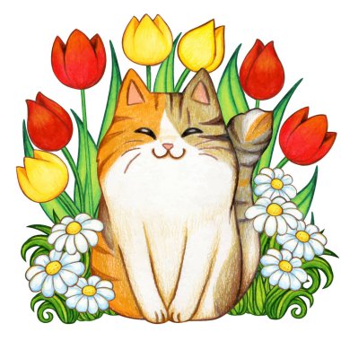 Lale bahçesinde fiyonklu zencefilli tekir kedi