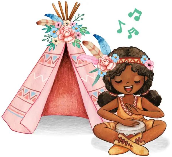 stock vector Cute watercolor afro girl with pigtails singing and playing drums with native american outfit