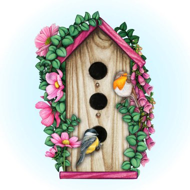 Suluboya el çiçekli klasik kuş evi