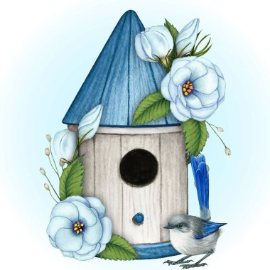 Suluboya el çiçekli klasik kuş evi