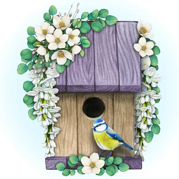 Suluboya el çiçekli klasik kuş evi