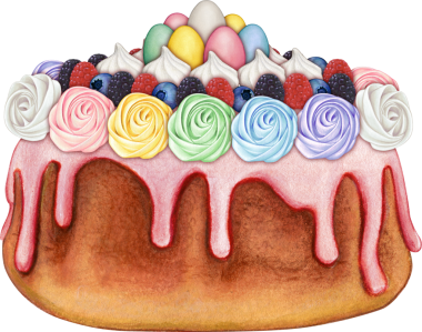 Beyaz arka planda suluboya elle dekore edilmiş paskalya pastası