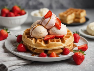 Beleş Belçika Waffle 'ı, beyaz tabakta çilek ve dondurma.