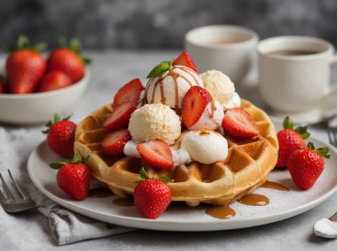 Beleş Belçika Waffle 'ı, beyaz tabakta çilek ve dondurma.