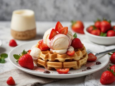 Beleş Belçika Waffle 'ı, beyaz tabakta çilek ve dondurma.