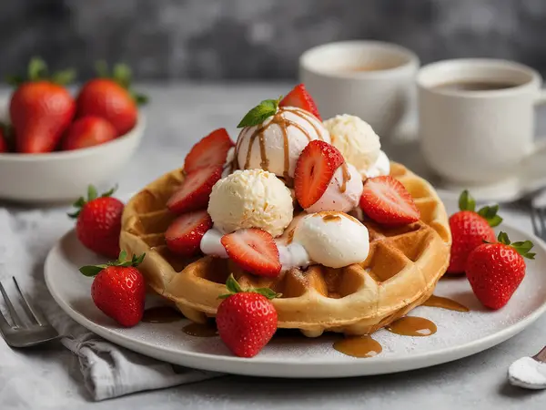 Beleş Belçika Waffle 'ı, beyaz tabakta çilek ve dondurma.