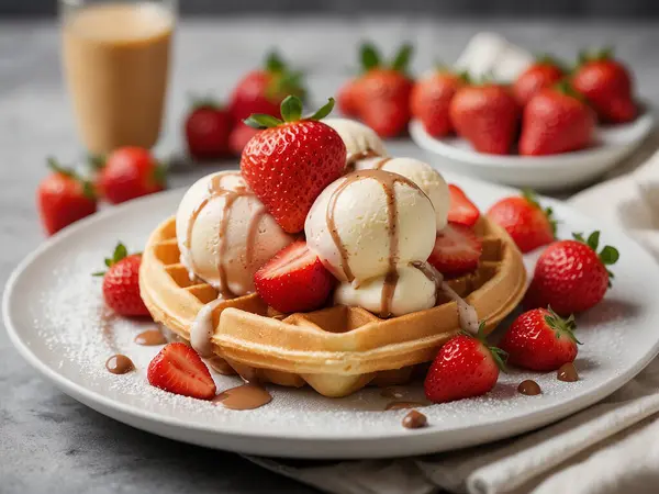 Beleş Belçika Waffle 'ı, beyaz tabakta çilek ve dondurma.