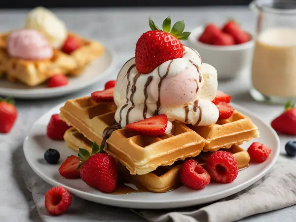 Beleş Belçika Waffle 'ı, beyaz tabakta çilek ve dondurma.