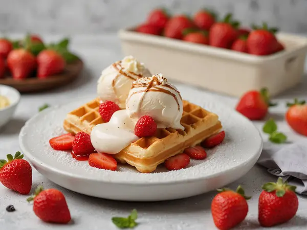 Beleş Belçika Waffle 'ı, beyaz tabakta çilek ve dondurma.