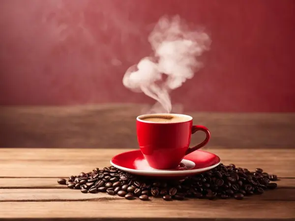 Heart of steam hovering over a red coffee cup of coffee on wooden table with cream wall