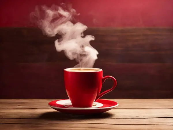 Krema duvarlı ahşap masanın üzerinde kırmızı kahve fincanının üzerinde buharlı bir kalp uçuyordu.