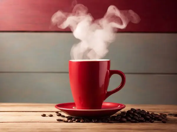 Heart of steam hovering over a red coffee cup of coffee on wooden table with cream wall