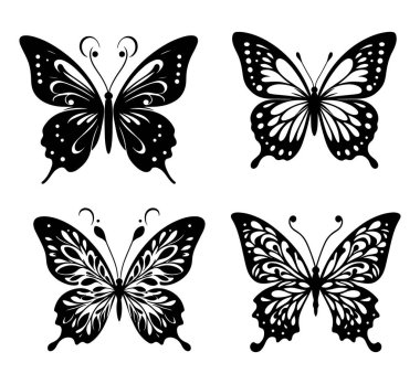 Kelebek siluetleri koleksiyonu, vektör illüstrasyonu beyaz arkaplanda izole edildi